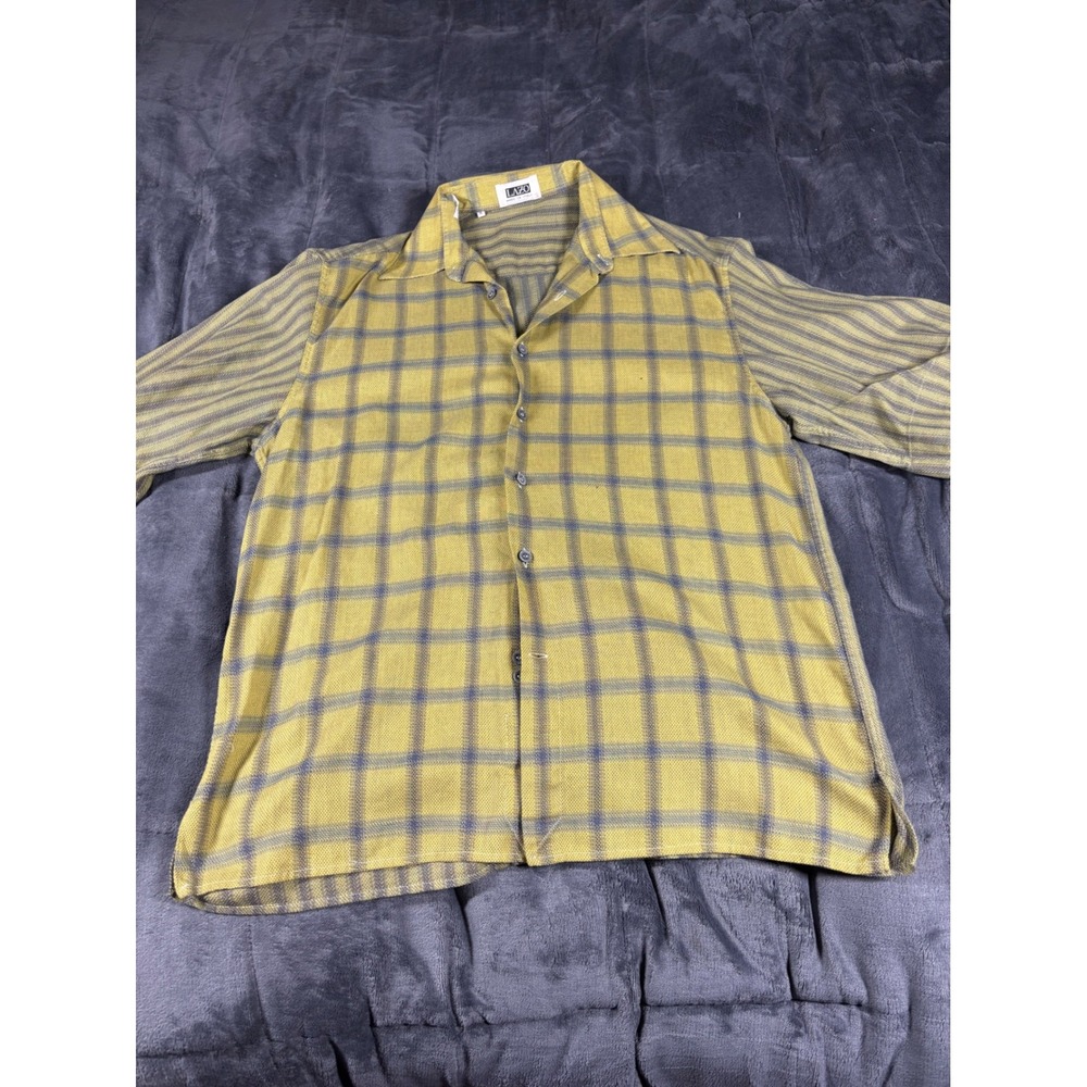Lazo Mens Yellow Blue Plaid Textured Cotton Button Down Shirt Made in Italy M‎